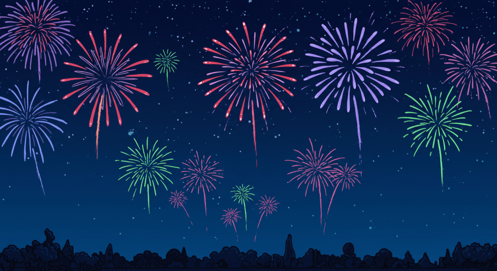 Fireworks in the night sky (AI generated). Behrens Science Museum.